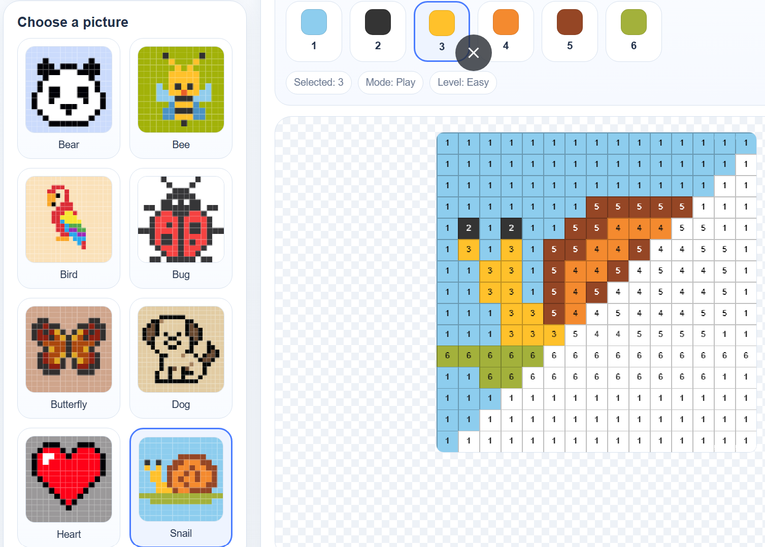 Interactive pixel color by number activity
